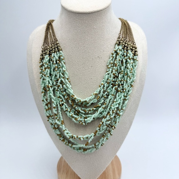 Vintage Teal Green Seed Bead Necklace Multi Layer Braided Multi Chain Gold Tone - Picture 1 of 8